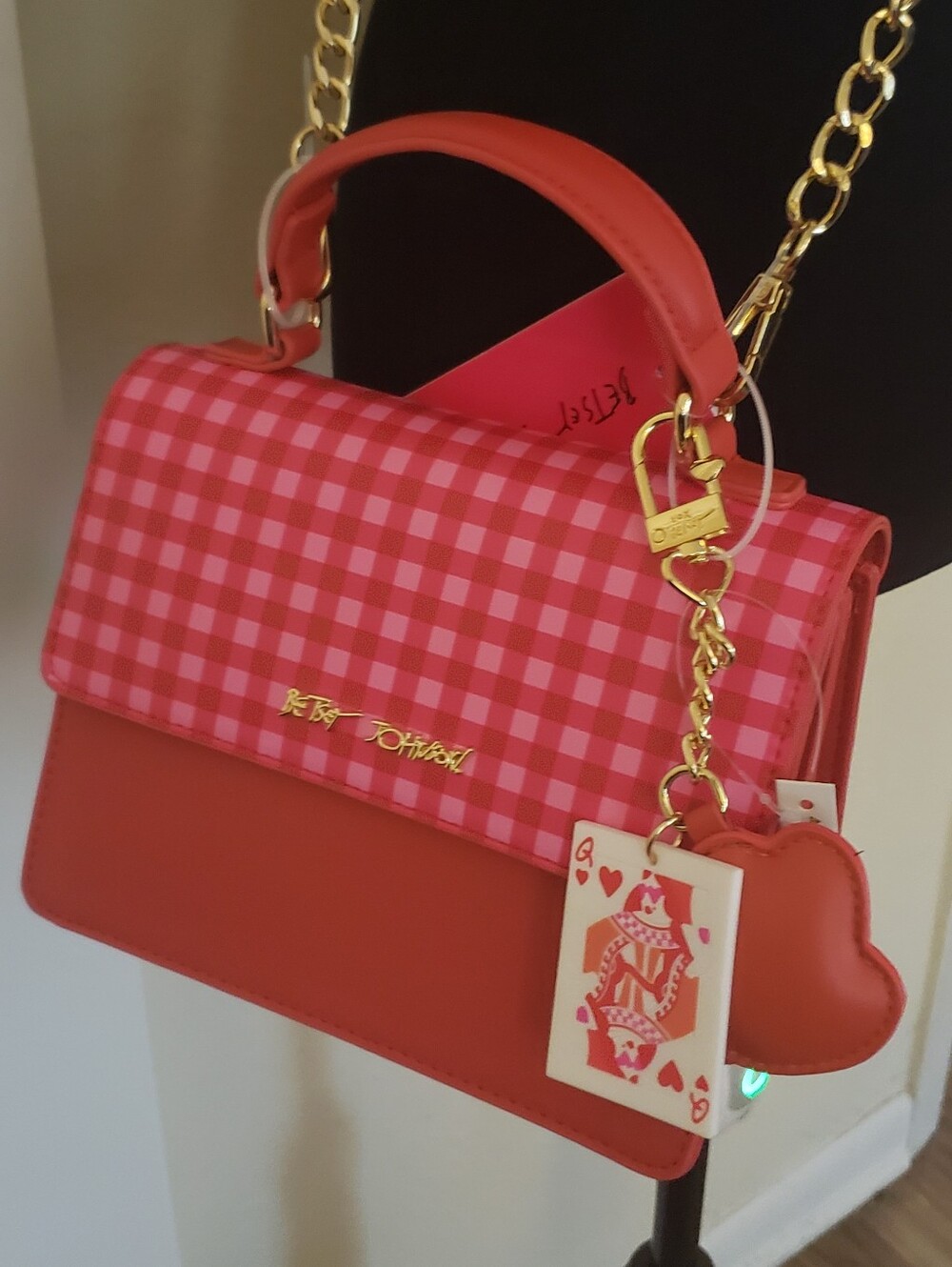 Betsey Johnson Red & Pink Gingham Top-Handle Satchel with Gold Chain - Picture 2 of 12